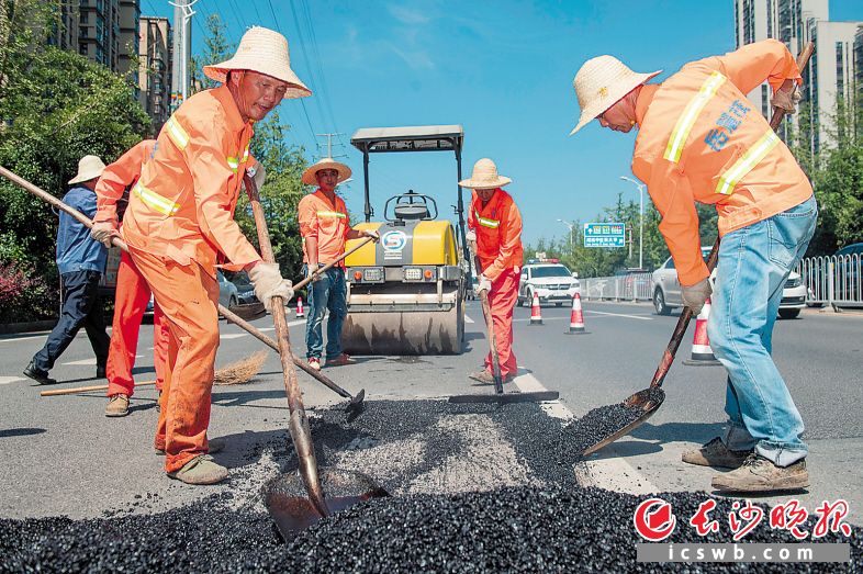 云栖路上,市政工人顶着烈日抓紧修复路面.黄启晴 摄