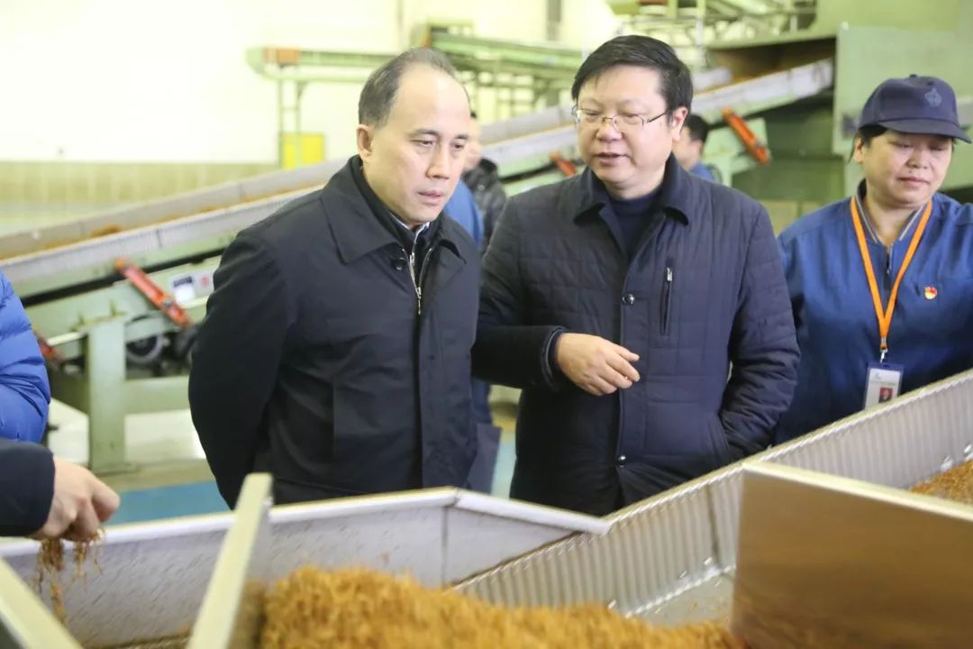 在湖南中烟常德卷烟厂生产车间,张茂华(左一)详细了解生产经营,技术