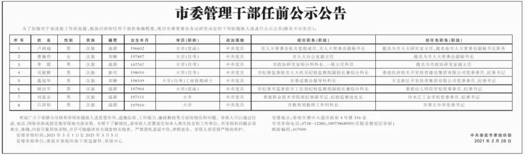 娄底市委管理干部任前公示公告