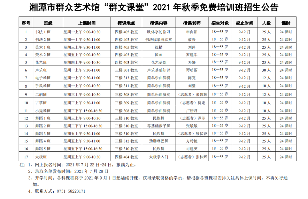 湘潭市群众艺术馆2021年秋季免费开放招生简章