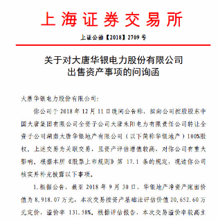 关于对大唐华银电力股份有限公司出售资产事项的问询函