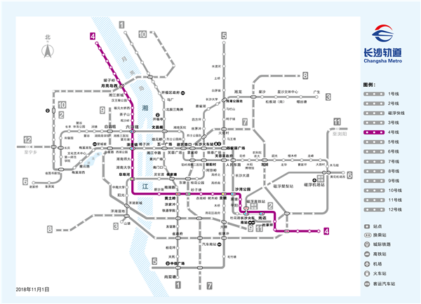 长沙地铁4号线一期工程路线图。