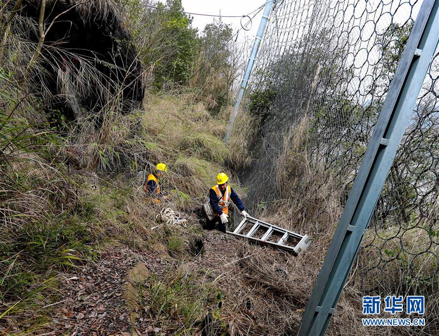 2月21日，贵阳高铁工务段工作人员行走在山上，前往作业地点。新华社记者 刘续 摄