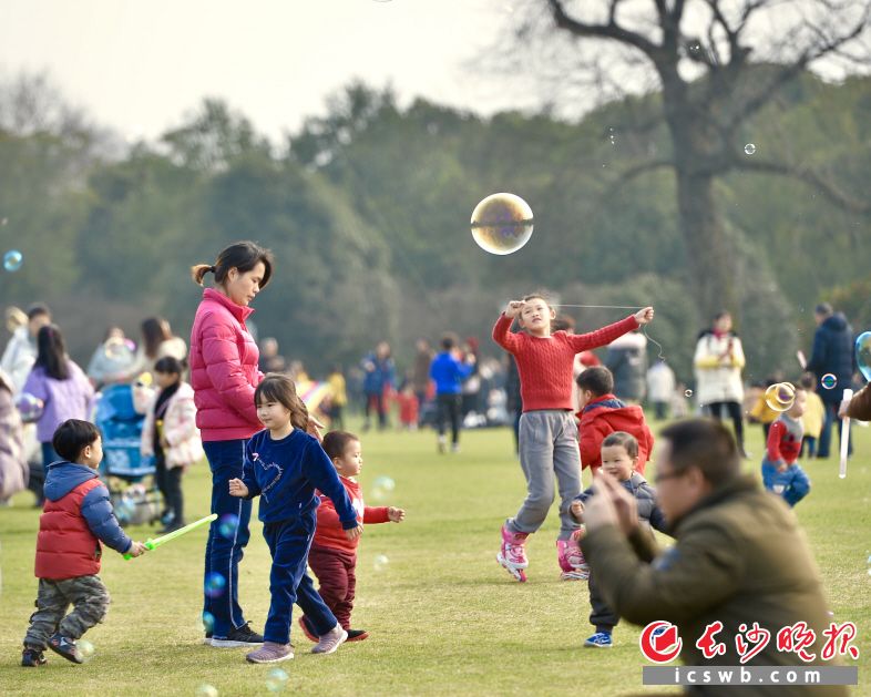 　　橘子洲上游人如织，放风筝、吹泡泡、奔跑嬉戏……孩子们玩得开心不已。长沙晚报全媒体记者 邹麟  摄