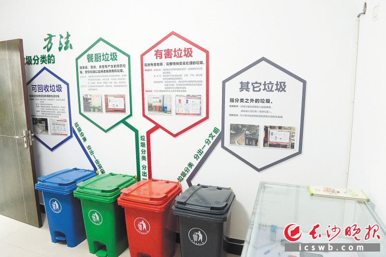 　　枫树山社区垃圾分类展示区，通过实物展示，详细介绍“四分法”模式。　　余劭劼 摄