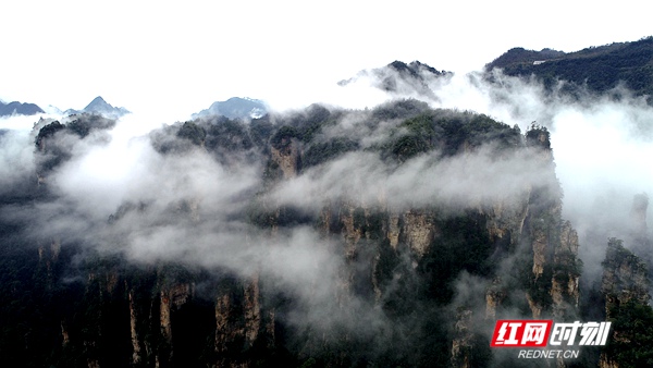 红网时刻3月5日讯（通讯员 吴勇兵）3月5日，雨后的湖南张家界武陵源风景区十里画廊，连绵峰林在云雾的点缀之下若隐若现，朦胧迷离，通过无人机从空中俯瞰宛若一幅徐徐展开的画卷。