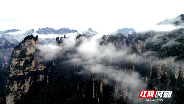 3月5日，雨后的湖南张家界武陵源风景区十里画廊，连绵峰林在云雾的点缀之下若隐若现，朦胧迷离，通过无人机从空中俯瞰宛若一幅徐徐展开的画卷。