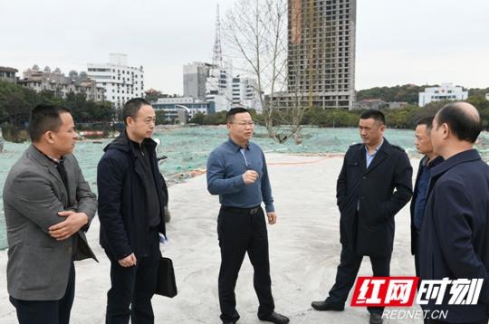 区委书记陈阁辉(中)会同祥源实业有限公司负责人就该片区项目建设进行