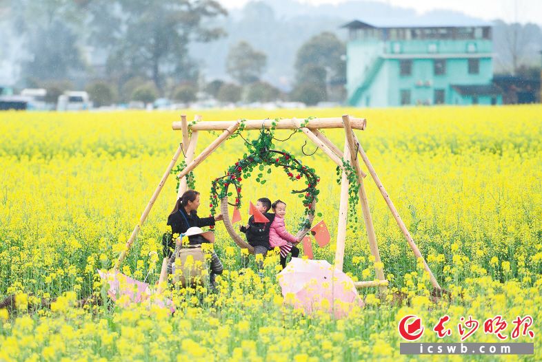 　　达浒古镇上千亩油菜花娇艳怒放，游客前来赏花踏春。　　长沙晚报通讯员 彭红霞 摄