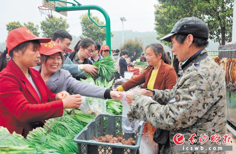 　　近日，在金星社区组织的爱心集市上，贫困户肖正良（右）种植的蔬菜大受欢迎。 长沙晚报全媒体记者 张禹 摄