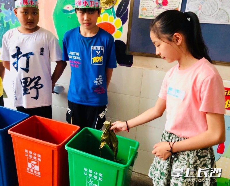 在专家指导下，孩子们将粽叶对号入座，分类投放至“干垃圾”或“餐厨垃圾”箱。 长沙晚报全媒体记者 李卓 摄