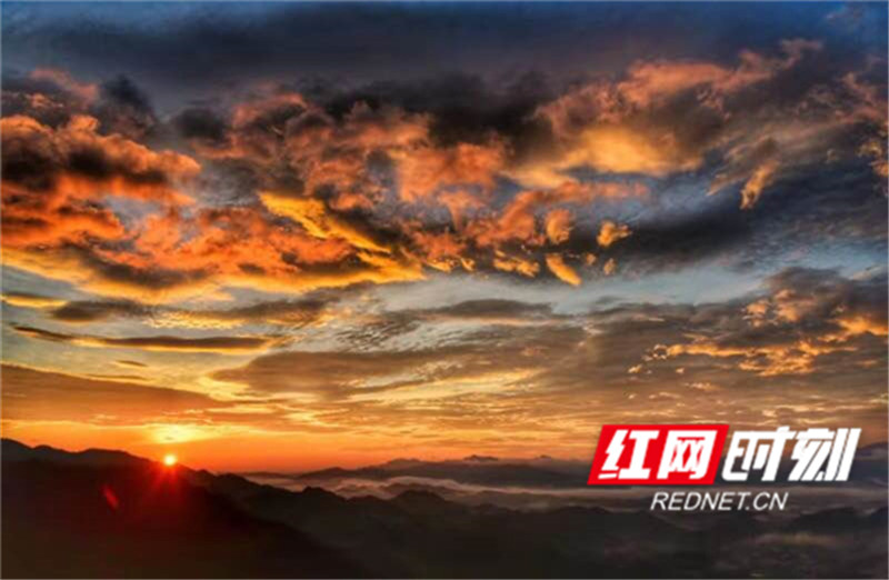 7月10日清晨，在湖南省新化县紫鹊界梯田景区，雨后初晴，当连绵起伏的山峦周围的云层开始变得绯红时，太阳正逐渐升起。