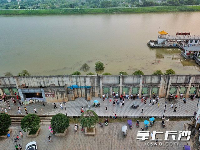 10日，在 梨街道陶公庙广场上，市民正在悠闲地散步，一旁的浏阳河里洪水正穿流而过。长沙晚报全媒体记者 王志伟 通讯员 章帝 摄影报道