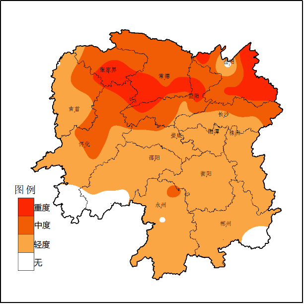 湖南7月16日—8月11日过程高温热害等级分布图