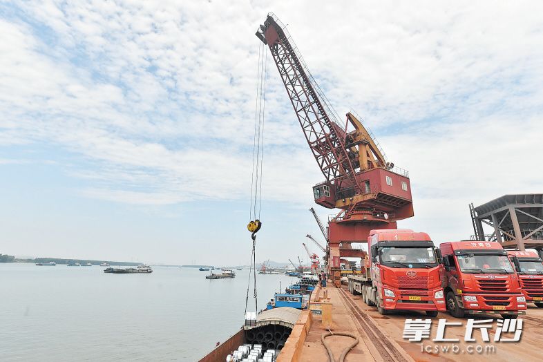 　　在长沙新港码头，门吊、岸吊的吊臂在空中“忙碌”。