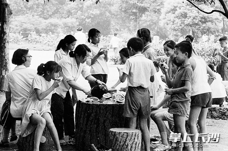 　　1980年8月2日，炎炎夏日里，一大家子聚在年嘉湖畔大树下的石桌旁，以西瓜解暑，很是惬意。