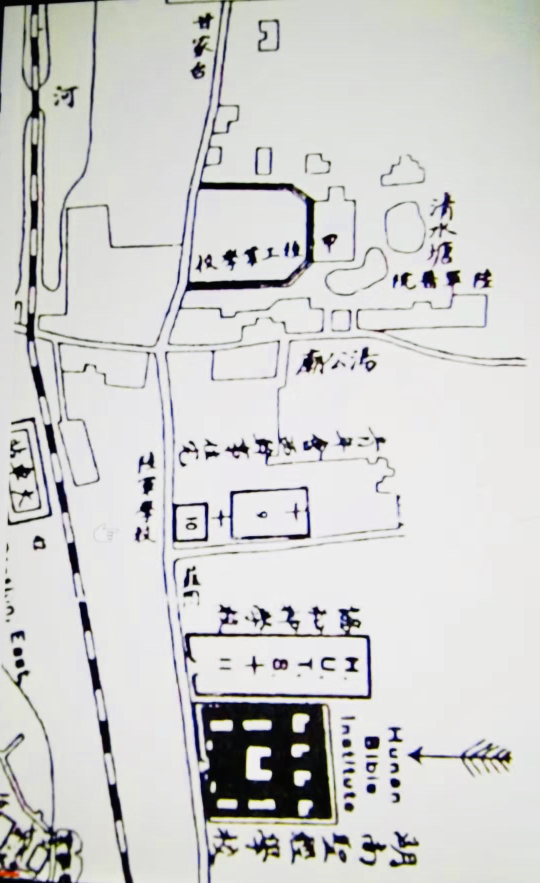 民国中期湖南圣经学校所绘长沙地图上显示，清水塘东南方向附近机构是汤公庙和陆军医院。 陈先枢 翻拍 