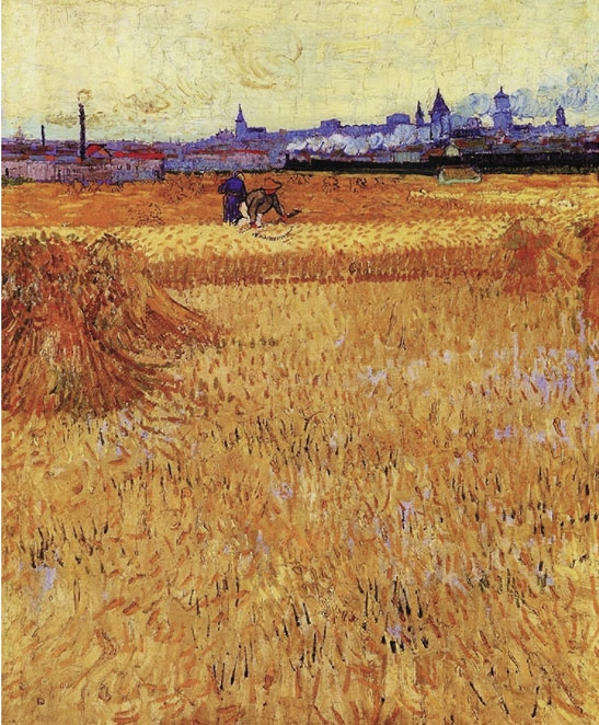 梵高 《阿尔勒：麦田风景》 油画 1888年 巴黎罗丹博物馆藏，梵高懂得充分利用透视造成的大小、宽窄、远近等变化来构图