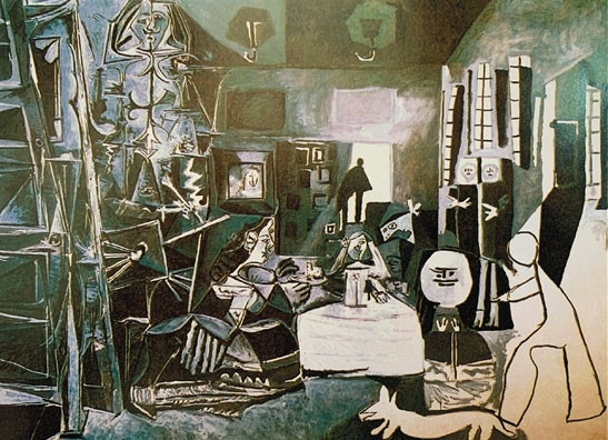 毕加索《宫娥》1956－1957年 油画  马德里普拉多美术馆藏毕加索的《宫娥》就是利用“黑——白——黑——白”构图的夸张变化，使之比原作更具有形式美感。