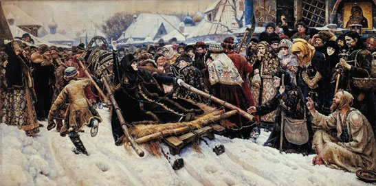 苏里科夫 《女贵族莫洛佐娃》 1887年 油画 莫斯科特列恰科夫美术博物馆藏 此幅作品，据说是作者先受到雪地上乌鸦的启发（大块白包围小块黑）才找到了创作的灵感