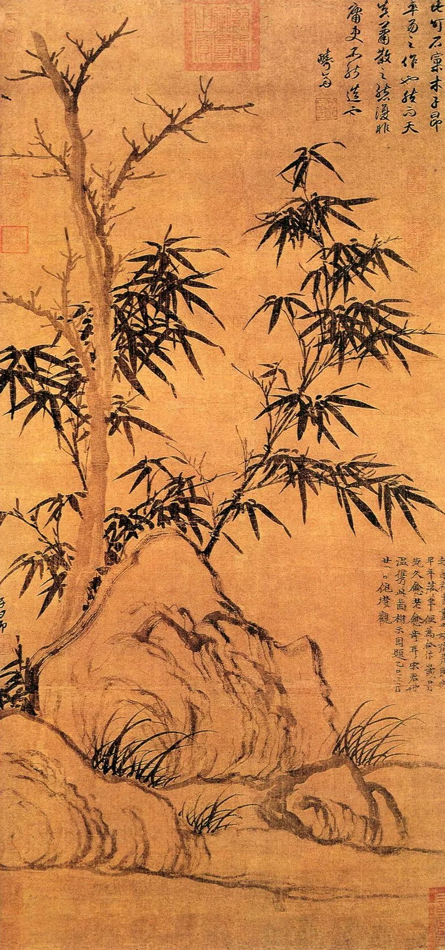 赵孟頫《窠(kē)木竹石图》立轴 绢本水墨 994×48