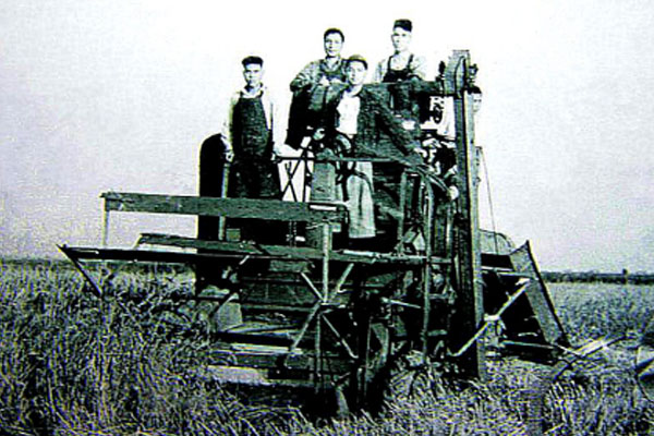 潘钟书（后左）、傅建威（前右）两工程师在研制试验收割机。