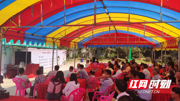 花明楼镇，群众在搭好的大棚里观看阅兵，还组织了小学生给大家讲革命故事、谈观看感想。