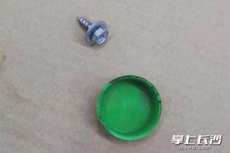 杨先生车内发现的绿色软塑料物品，直径在3厘米左右，形似瓶盖，没有螺纹，另外还有一个螺丝钉。受访者供图