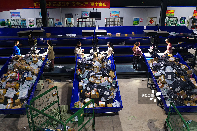 2019年11月12日凌晨，湖南衡阳，中国邮政集团公司湖南省分公司衡阳邮区中心局分拣中心的工作人员在分拣快递。