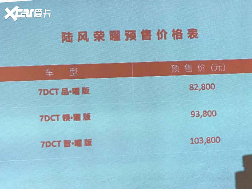陆风荣曜预售价公布 预售8.28-10.38万