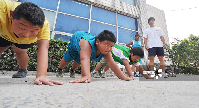 2013年7月29日，河南省郑州市，小胖墩们在做俯卧撑。