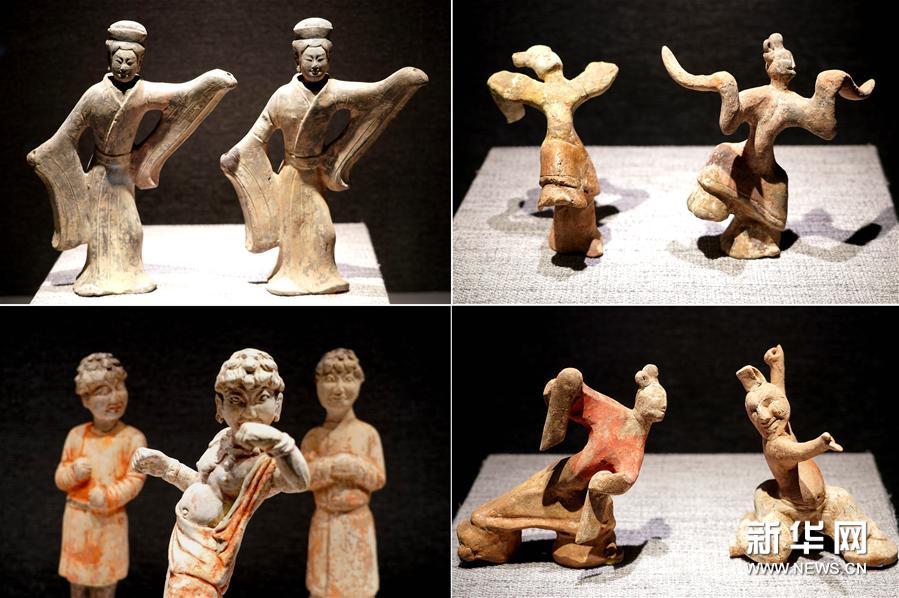 这是“尘中莲花之丝路天籁——汉唐宋元丝路乐舞文物展”上展出的舞俑（拼版照片，11月19日摄）。