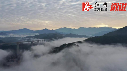 12月3日清晨，长芷高速溆浦县三江特大桥被云海缠绕着，朝阳下的云彩波起峰涌、浪花飞溅，汽车穿行其中如置身仙境。