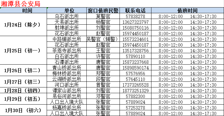 湘潭人 春节期间湘潭公安户籍窗口值班表出炉