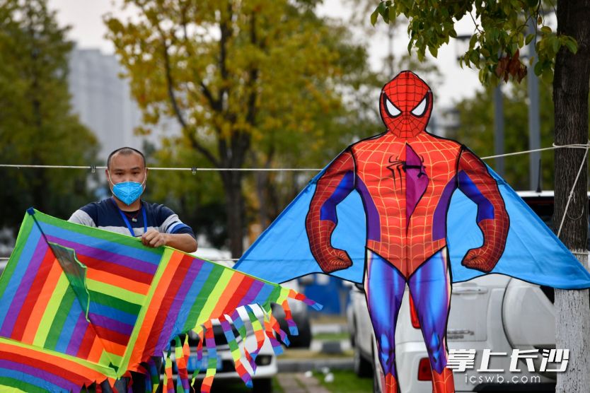 福元路大桥旁的湘江风光带上，正在安装风筝的市民。