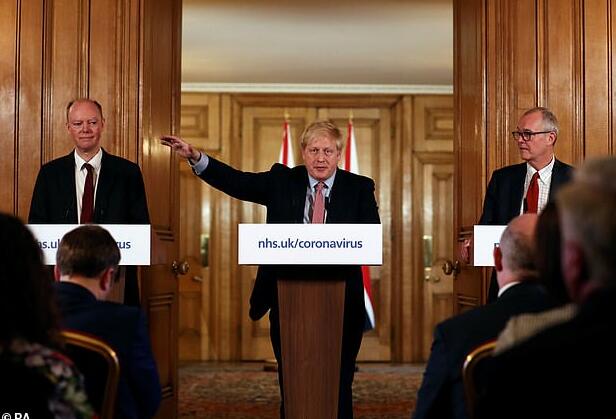 英格兰首席医疗官克里斯 惠蒂（左一）与约翰逊和英国政府首席科学顾问瓦朗斯（右一）