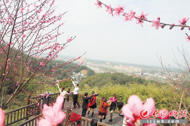 　　东鹜山桃花谷，开心的游客们迎花起舞。陈燕 摄