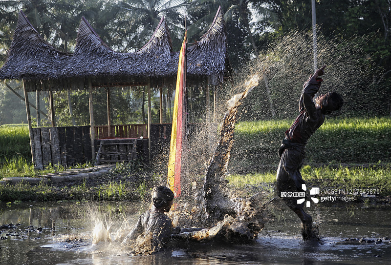 当地时间2020年3月15日，印尼西苏门答腊岛，当地居民参加稻田武术（silek lanyah）传统活动。