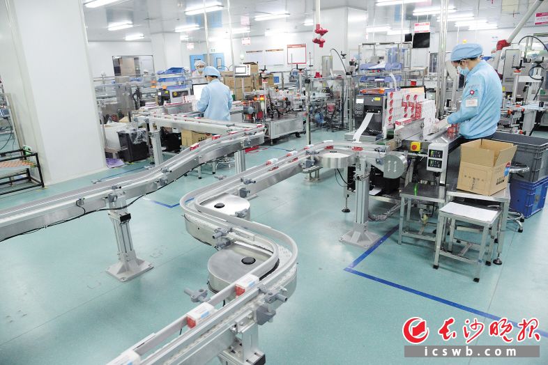 　　在三诺生物传感股份有限公司试条包装生产线车间，各条生产线正飞速运转。岑军 摄