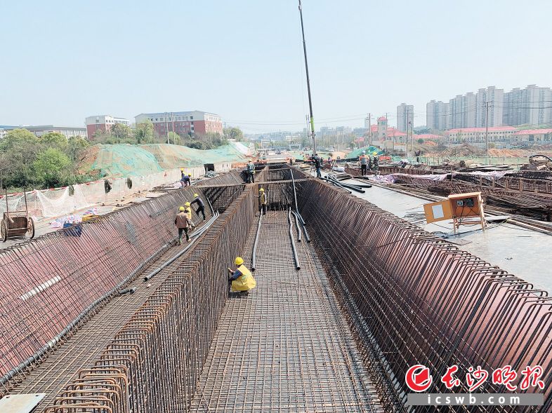 　　伊莱克斯大道西延线项目建设现场，工人们正在进行现浇箱梁钢筋模板及预应力施工。   长沙晚报全媒体记者 陈焕明 摄
