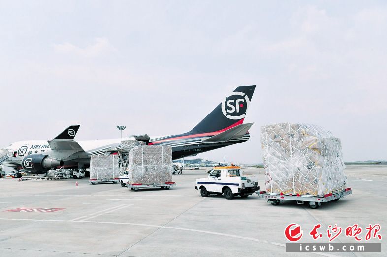 　　4月7日下午，一架波音747货运飞机在黄花机场装载货物，将飞往比利时列日。　　长沙晚报全媒体记者 王志伟 摄