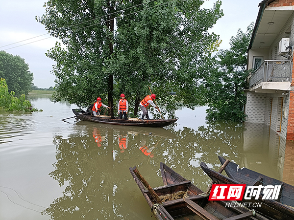 常德澧县供电公司共产党员服务队在洪水淹没的梦溪镇梦溪老街划着小船巡视线路。2.jpg