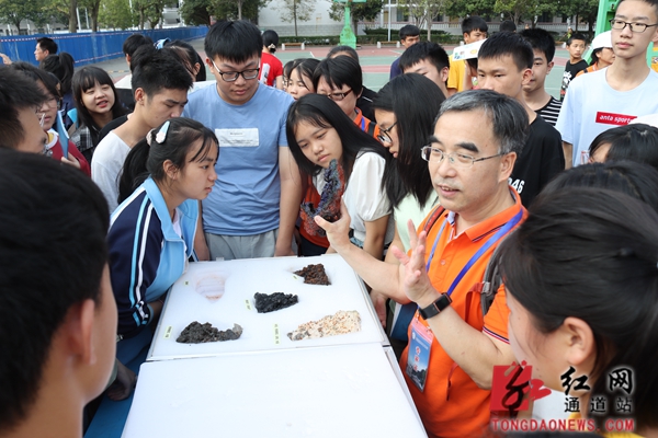 广场上的矿物标本展示台前，中国地质博物馆研究员冯向阳专家向大家讲解矿物的形成原理、特征、结构等知识.jpg