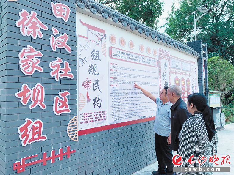 田汉社区徐家坝组的村民们在阅读组规民约。 长沙晚报通讯员 周彦俊雄 谢冰洁 供图