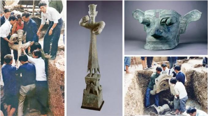 1986年三星堆遗址一、二号祭祀坑发掘现场，以及出土的铜大立人像和铜纵目面具。（来源：求是网）