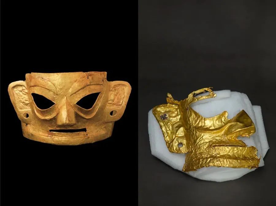 金沙遗址出土的黄金面具（左）与此次三星堆新发现的黄金面具（拼版图）