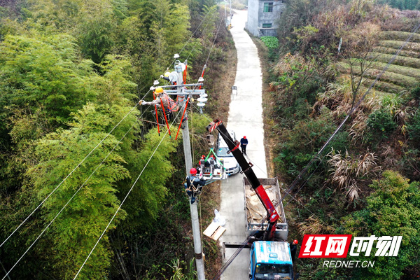 电力施工人员在平江县泊头村开展农网改造安装分支开关.jpg