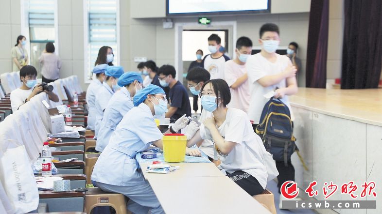 　　8月5日，在长郡湘府中学，学生正在有序排队接种新冠疫苗。长沙晚报全媒体记者 陈卓 摄