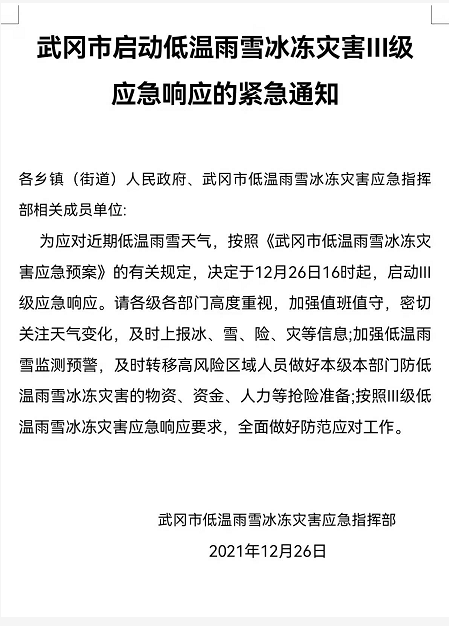 武冈市启动低温雨雪冰冻灾害III级应急响应的紧急通知(图1)