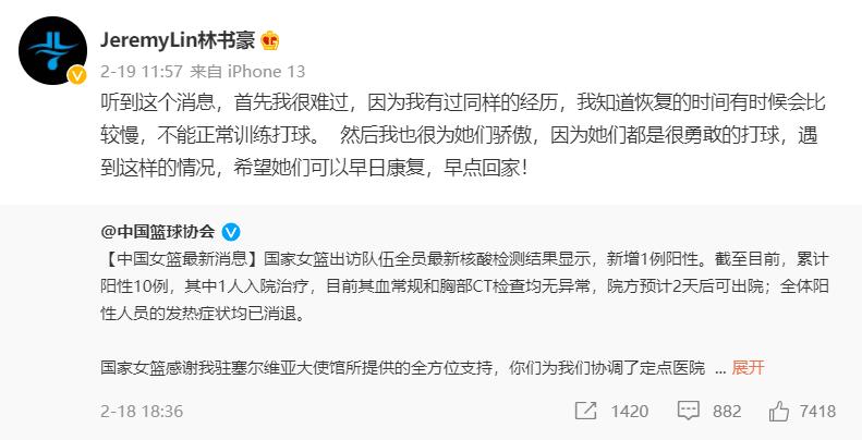 林书豪此前发文支持中国女篮。